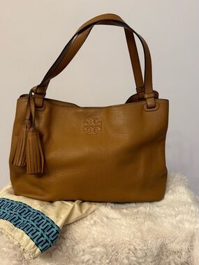 Tory Burch Cognac Pebbled Leather Tassel Shoulder Bag